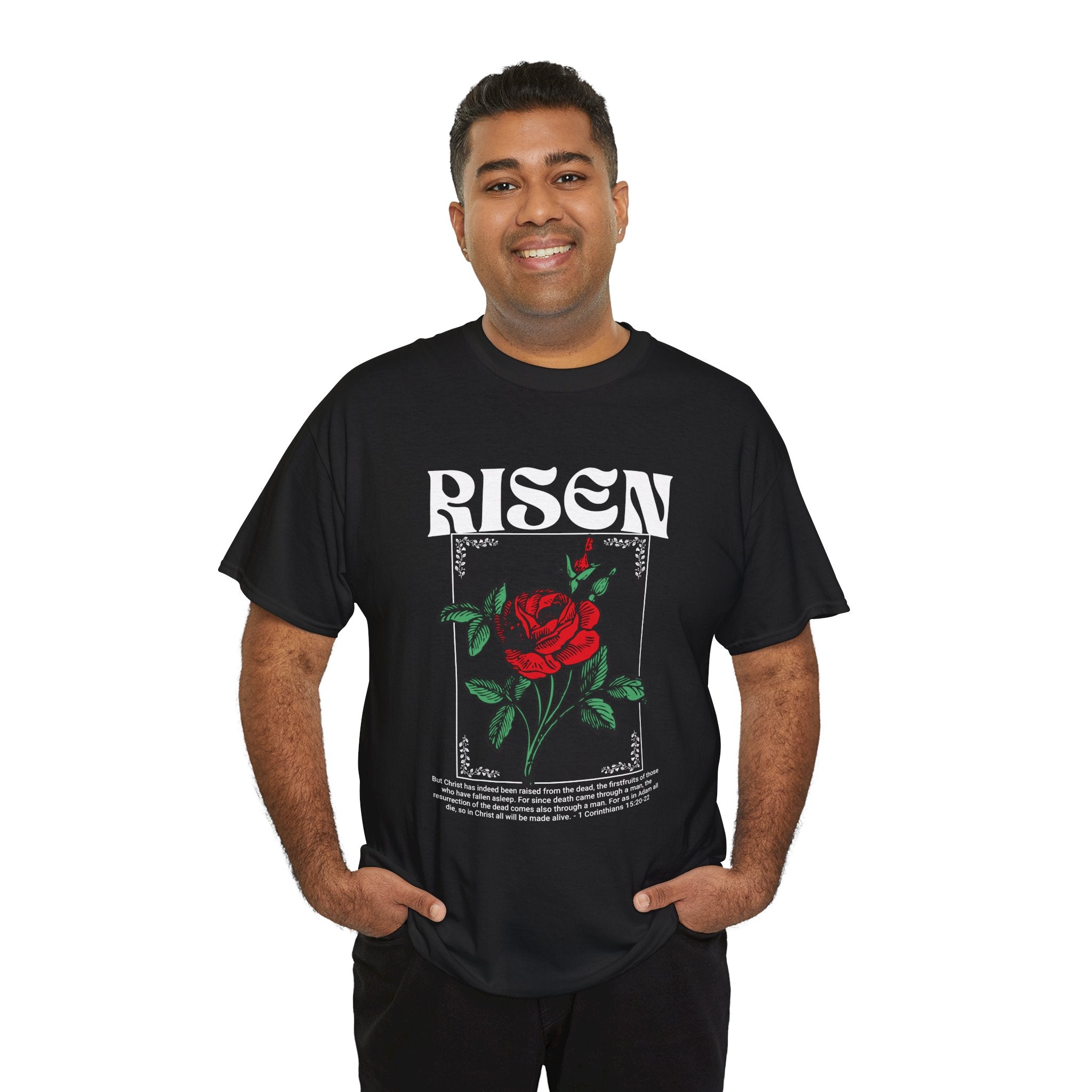 Risen Rose Tee — Christian Easter Floral Graphic T-Shirt