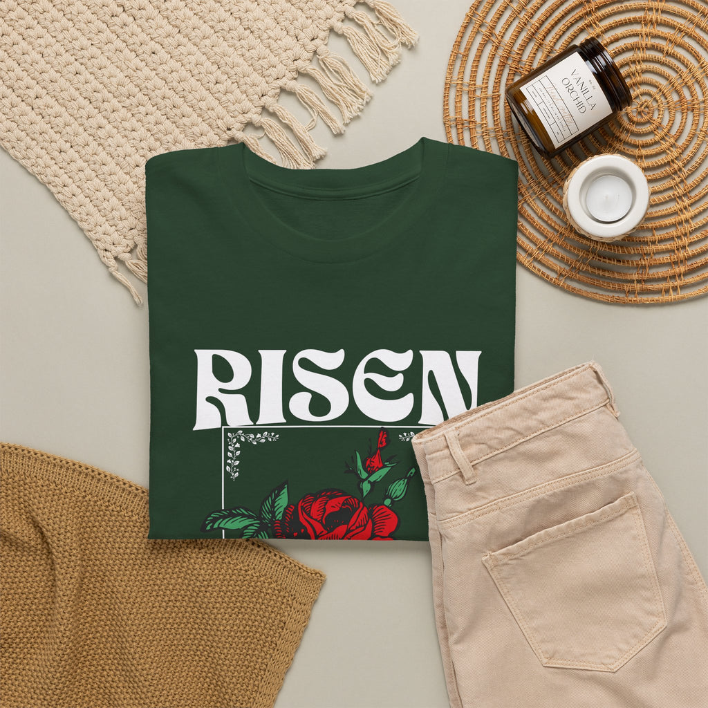 Risen Rose Tee — Christian Easter Floral Graphic T-Shirt