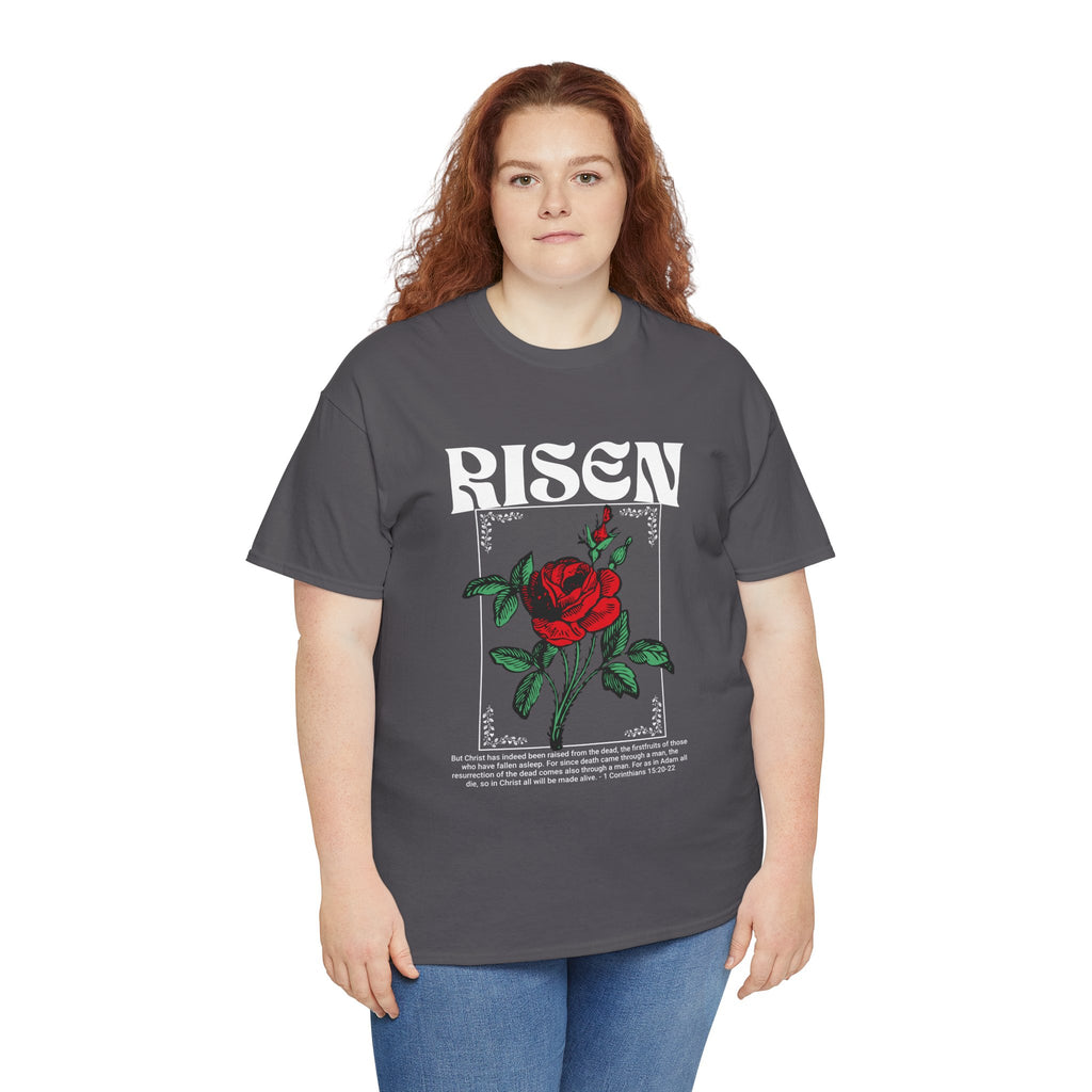 Risen Rose Tee — Christian Easter Floral Graphic T-Shirt