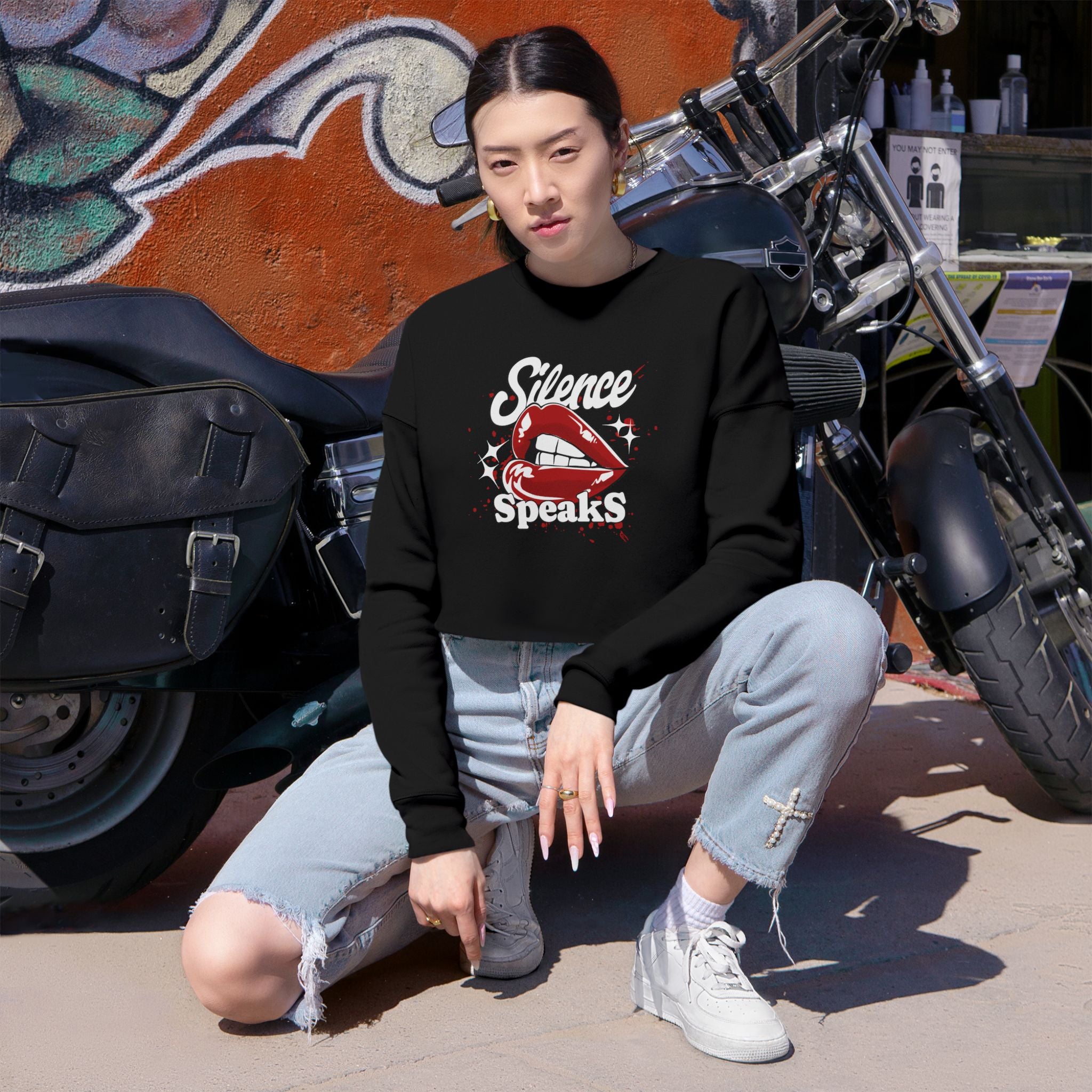 Cropped Sweatshirt — "Silence Speaks" Red Lip Graphic