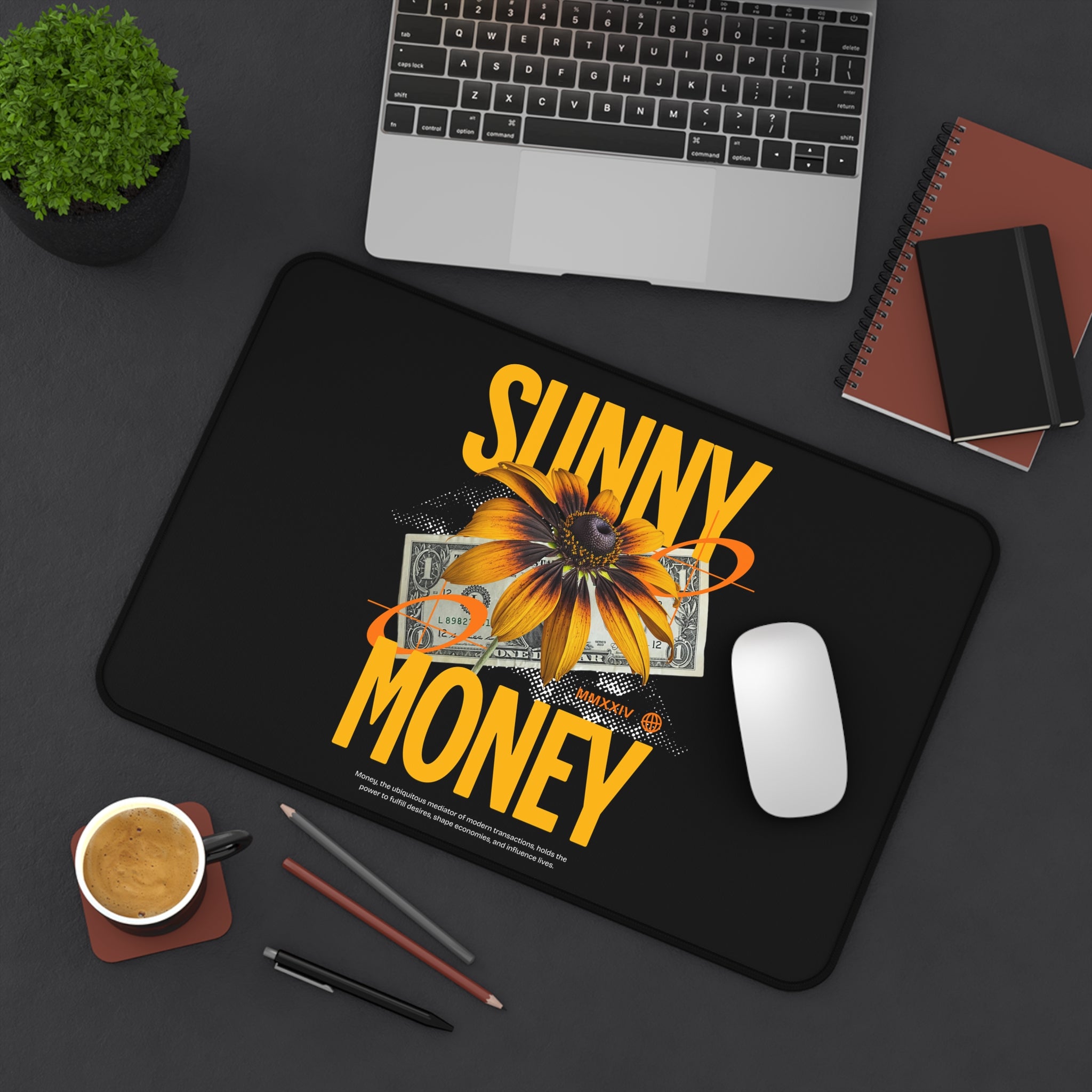 Sunny Money Desk Mat — Floral Sunflower & Cash Gaming Mouse Pad