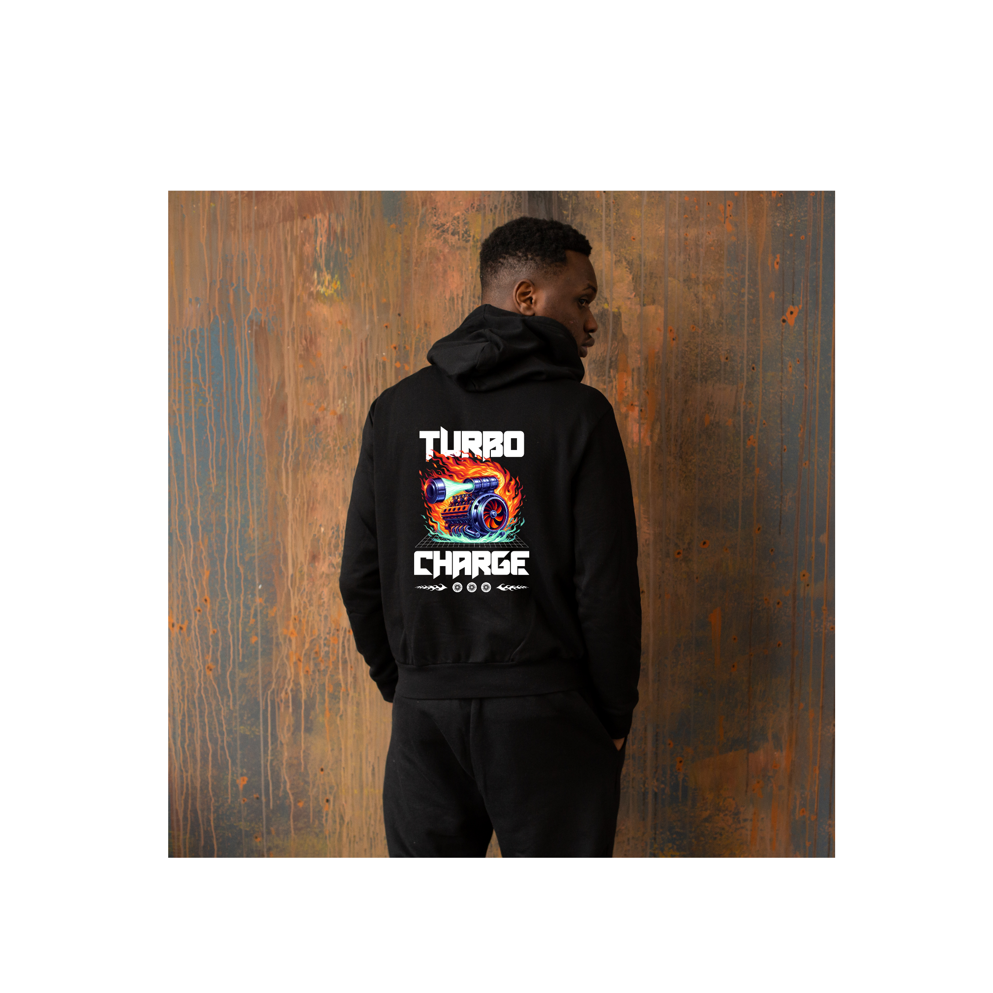 Turbo Charge Hooded Long Sleeve Tee — Retro Flame Car Racing Graphic