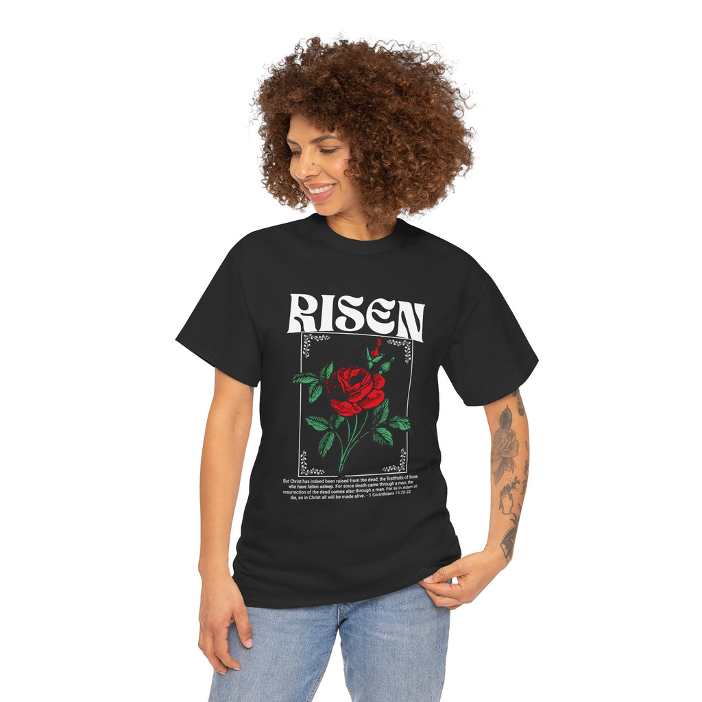 Risen Rose Tee — Christian Easter Floral Graphic T-Shirt
